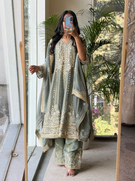 Sylvara Grey Tissue Suit Set with Mirror and Gota Patti Work