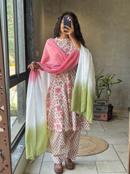 Gulnaar Cream Rayon Cotton Anarkali Suit Set with Floral Print