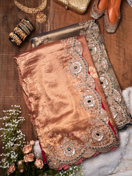 Devyani Peach Tissue Silk Saree with Zari and Zardozi Work