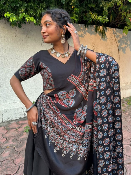 kalindi black Pure Cotton Chaniya Choli Ajrakh Kalamkari Patchwork & Gota Detail