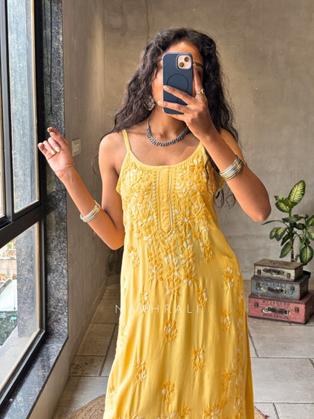 Solira Coral Yellow Rayon Kurta Pant Set with Chikankari Work