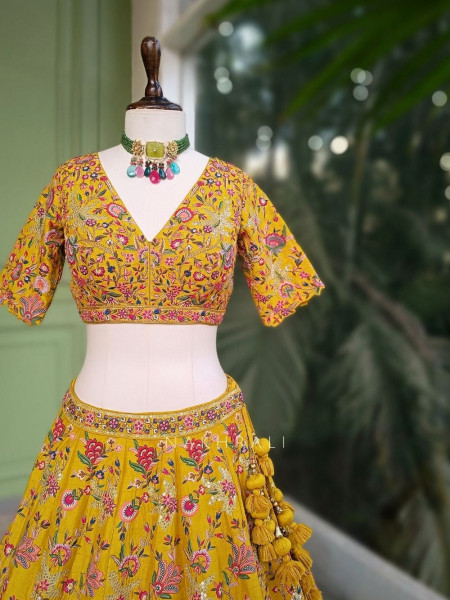 Kesar Yellow Floral Embroidered Lehenga Set
