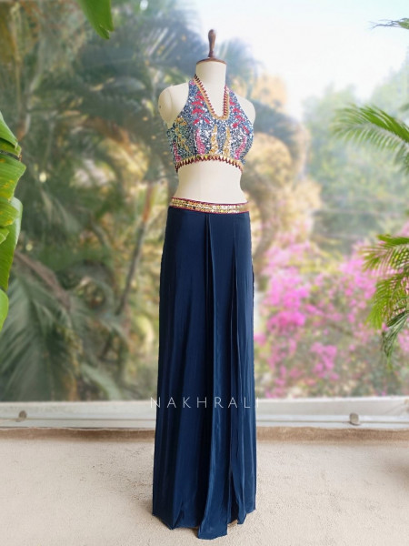 Willow Navy Blue Halter Indo-Western Set with Cape Shrug