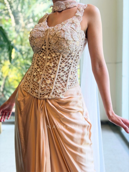 Rishika Cream Corset Style Indo Western Set with Choker Dupatta