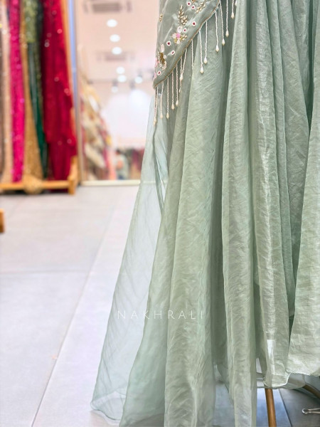 Madhavi Sea Green Crop Top Skirt Set With Floral Embroidery