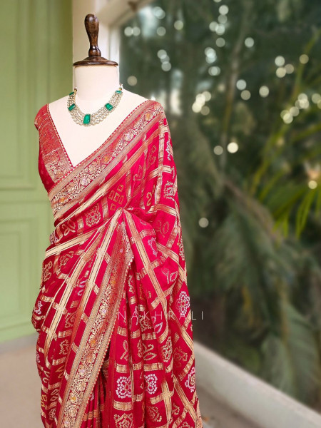 Rangriti Red Bandhani Saree with Gota Border