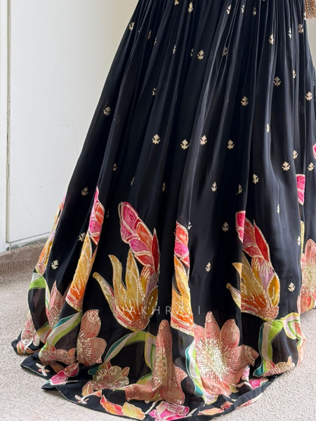 Noir Bloom Embroidered Crop Top & Skirt Set