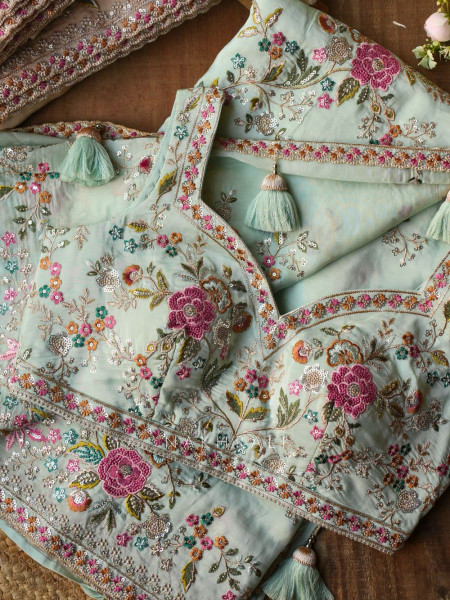 Whispers of Spring Sea Green Saree with Heavy Floral Thread Work and Readymade Blouse