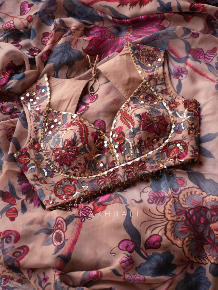 Image of Rosalind Brown Floral Printed Saree with Mirror &amp; Sequin Embellished
