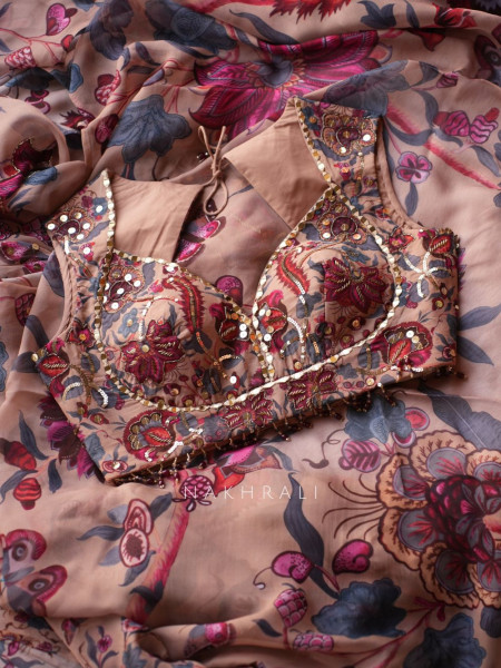 Rosalind Brown Floral Printed Saree with Mirror & Sequin Embellished