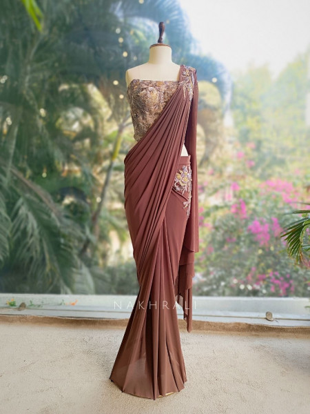 Evara Brown Drape Saree with Embroidered Corset Blouse