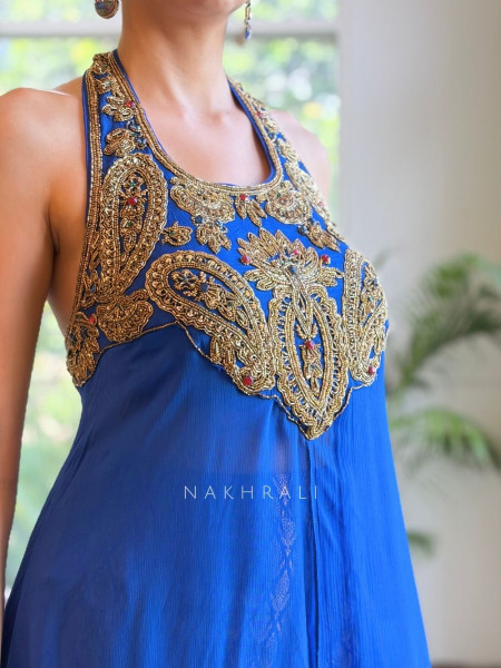 Sutra-Lekha Blue Indo Western Palazzo Set With Embellished Yoke