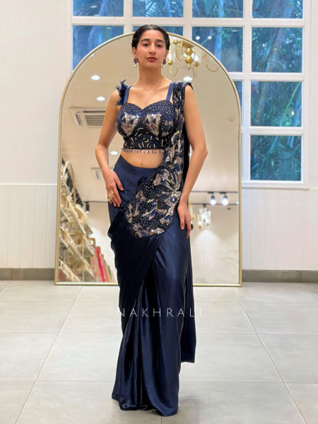Aero Blue Drape Saree With 3D Cutdana & Sequin Work