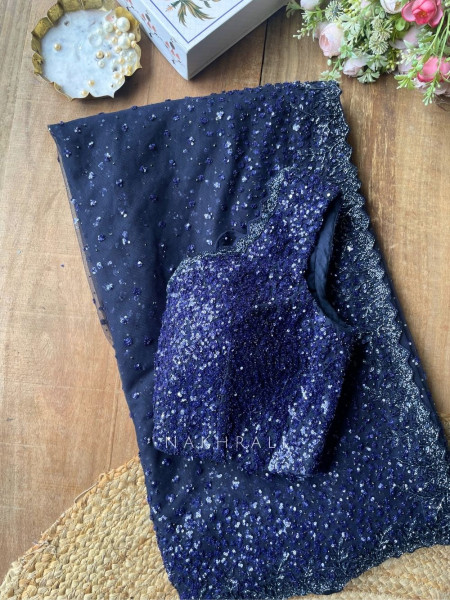 Marina Navy Blue Saree With Readymade Blouse