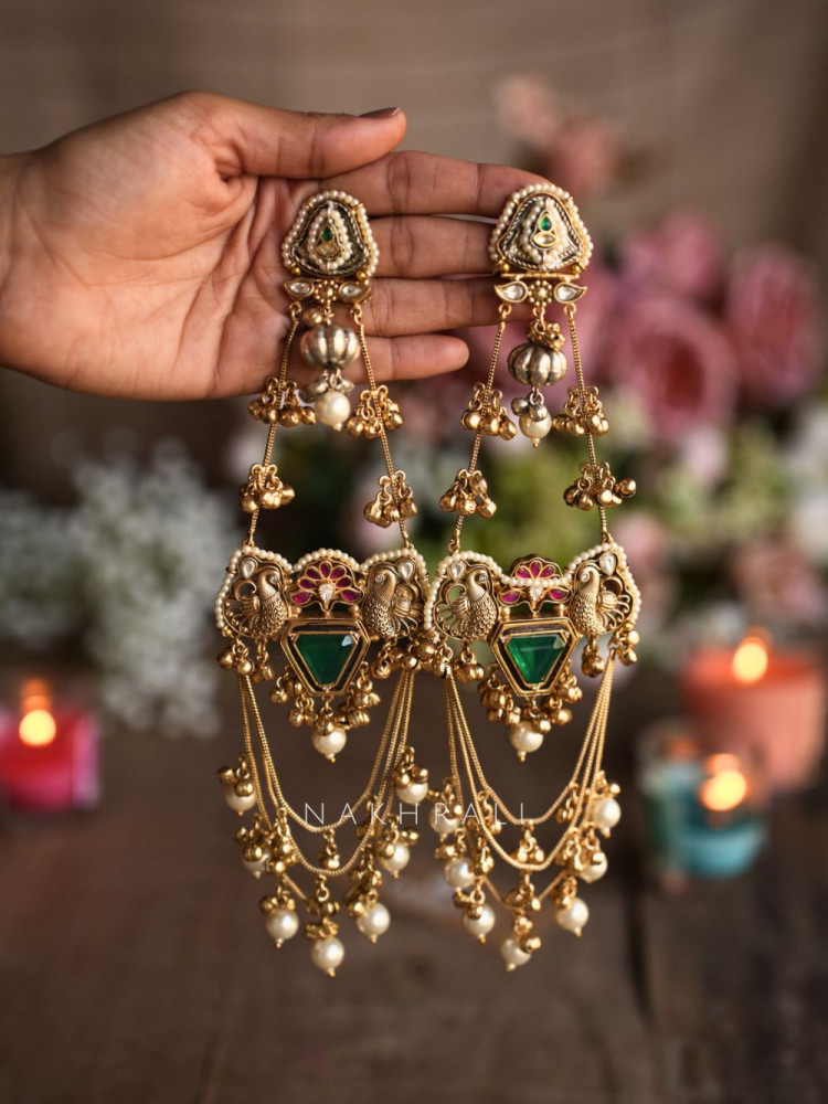 Image of Meheraan Kashmiri Long Earrings with Pearl Drops