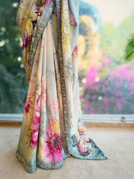 Florie Multicolor Floral Saree with Zari and Mirror Work Blouse