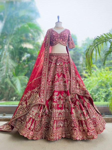 Vaidehi Bridal Red Raw Silk Bridal Lehenga Set With Zardozi, Pitta & Resham Work