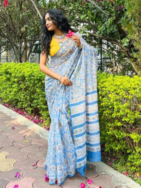 Koshika Blue Kota Handblock Print Saree