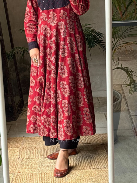 Adaa Red Cotton Block Printed Kurta and Palazzo with Handwork Yoke