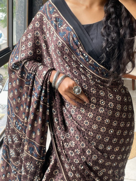 Mrittika Brown Modal Silk Saree With Ajrakh Print