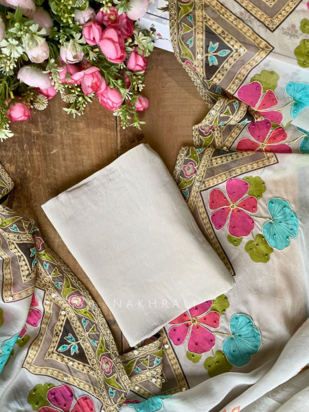 Gulrani Grey Embroidered Dress Material with Floral Geometric Work