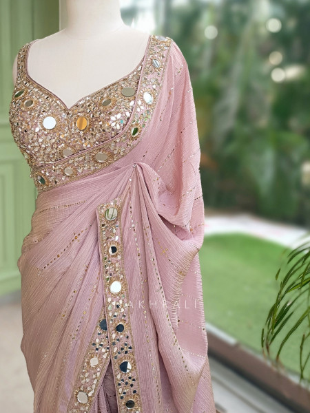 Mrinmayi Dusty Rose Crushed Georgette Saree with Readymade Blouse