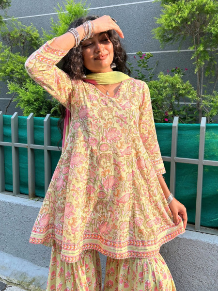 Shanaya Noor Pista Green Cotton Garara Suit Set with Dupatta