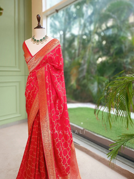 Ridhima Coral Khaddi Georgette Zari Jaal Saree