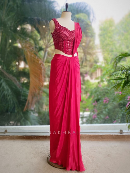 Mehika Red Sequin & Cut Dana Drape Saree Set