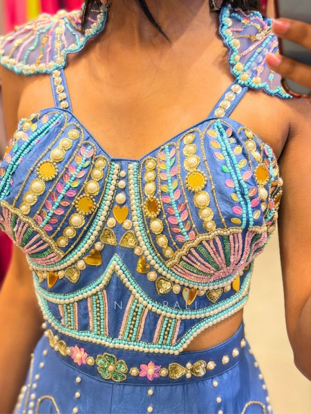 Nymera Teal Blue Embellished Jumpsuit with Mirror Bead Work