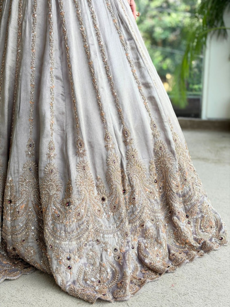 Stardust Silver Grey Raw Silk & Velvet Lehenga