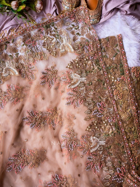 Wisteria Onion Pink Embroidered Saree with Bird and Floral Motifs
