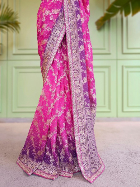 Sutra Purple Bandhani Saree With Running Blouse Piece