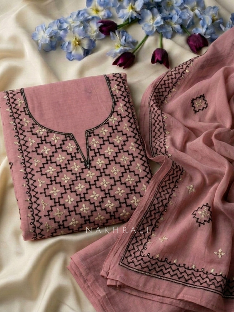 Image of Karigari Pink Dress Material With Contrast Embroidery and Border Detail