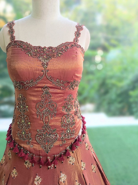 Surmayi Pink Onion Tissue Silk Indo-Western Lehenga