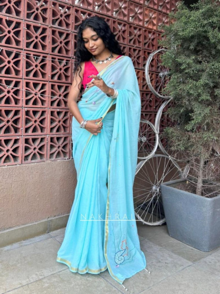 Ocean Muse Firozi Mull Cotton Saree with Thread Embroidery
