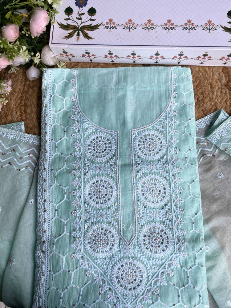 Image of Ishira Blue Embroidered Cotton Dress Material Set