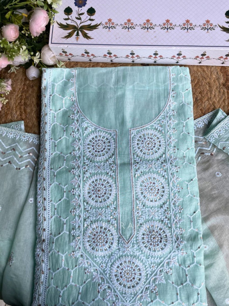 Ishira Blue Embroidered Cotton Dress Material Set