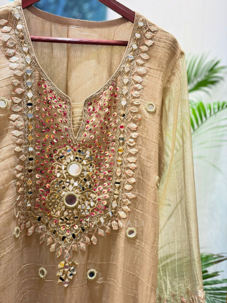 Aisha Beige Tissue Suit Set with Mirror and Gota Patti Work