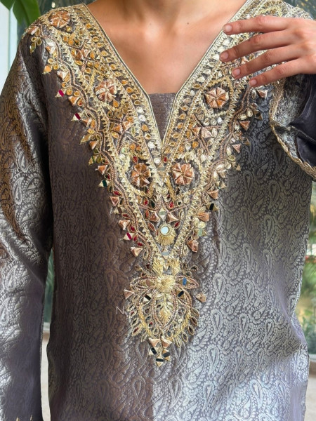 Kyra Grey Straight Dress with Mirror Zari Work