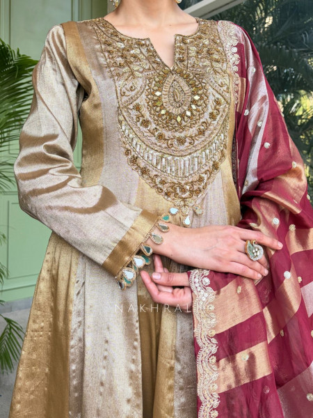 Nazneen Maroon Anarkali Suit Set with Contrast Dupatta