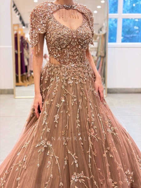 Suede Blossom Brown Soft Net Evening Gown