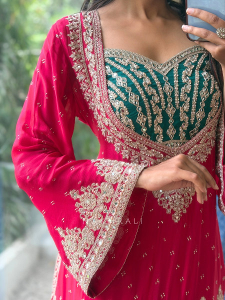 Baroque Ensemble Red Georgette & Velvet Bustier Palazzo Suit Set