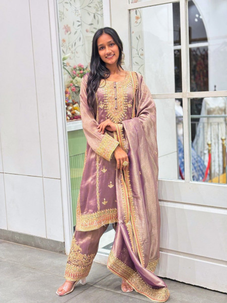 Triveni Purple Zari Tissue Suit Set with Gota Patti Sequin Work