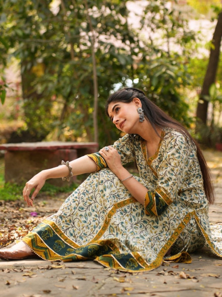 Mirza Cream Angrakha Cotton Kurta Pant Set