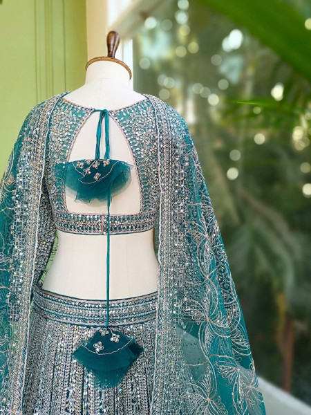 Rivarka Rama Green Mirror and Bead Embroidered Bridal Lehenga