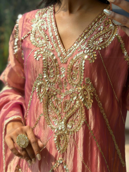 Briona Peach Tissue Kurta Set with Heavy Hand Embroidery