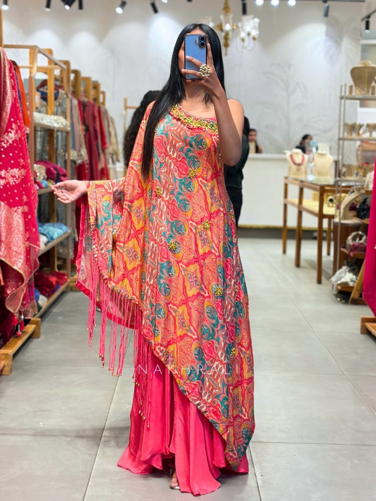 Image of Kaleidoscope Magenta One-Shoulder Indo-Western Set
