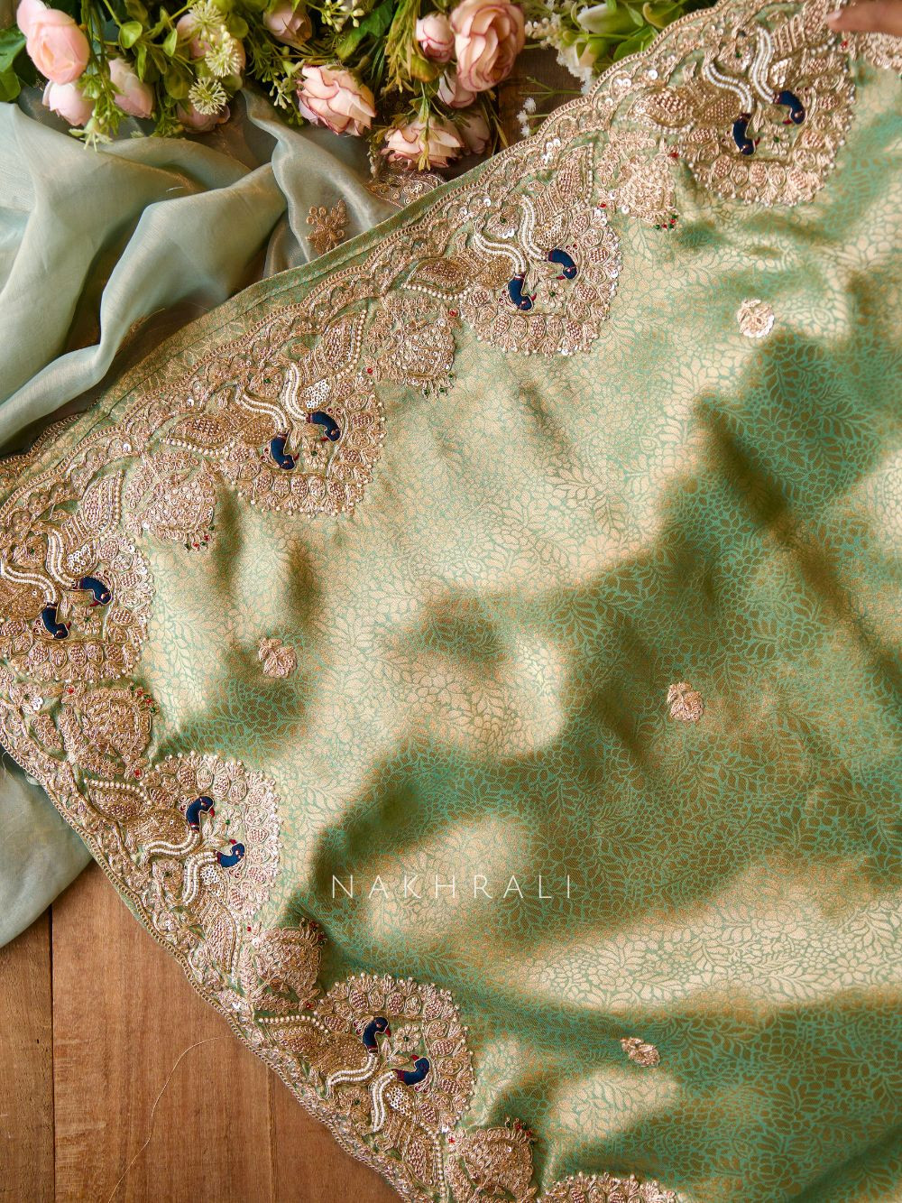 Sunheri Green Saree with Zari Sequin Border
