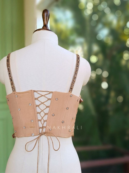 Zelvara Beige Embellished Corset & Palazzo Set with Dupatta